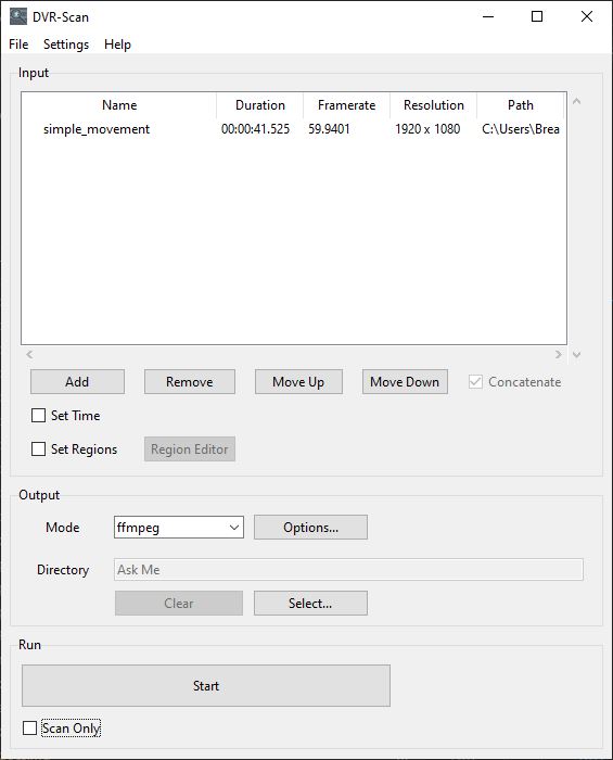 The DVR-Scan application's main window